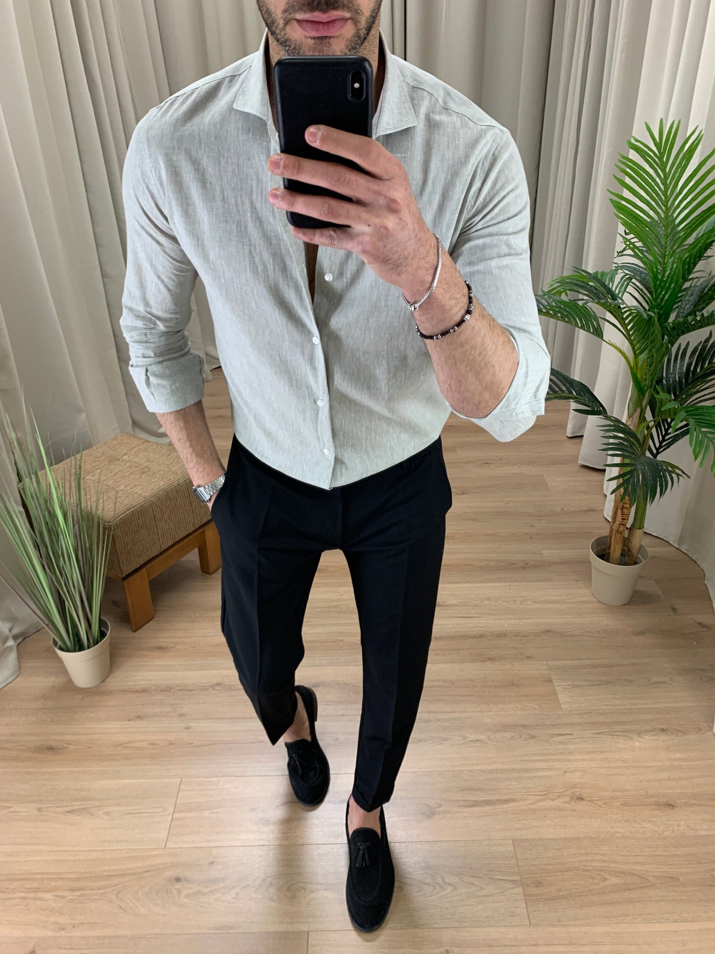 Camicia Santiago in Lino collo classico col. Salvia