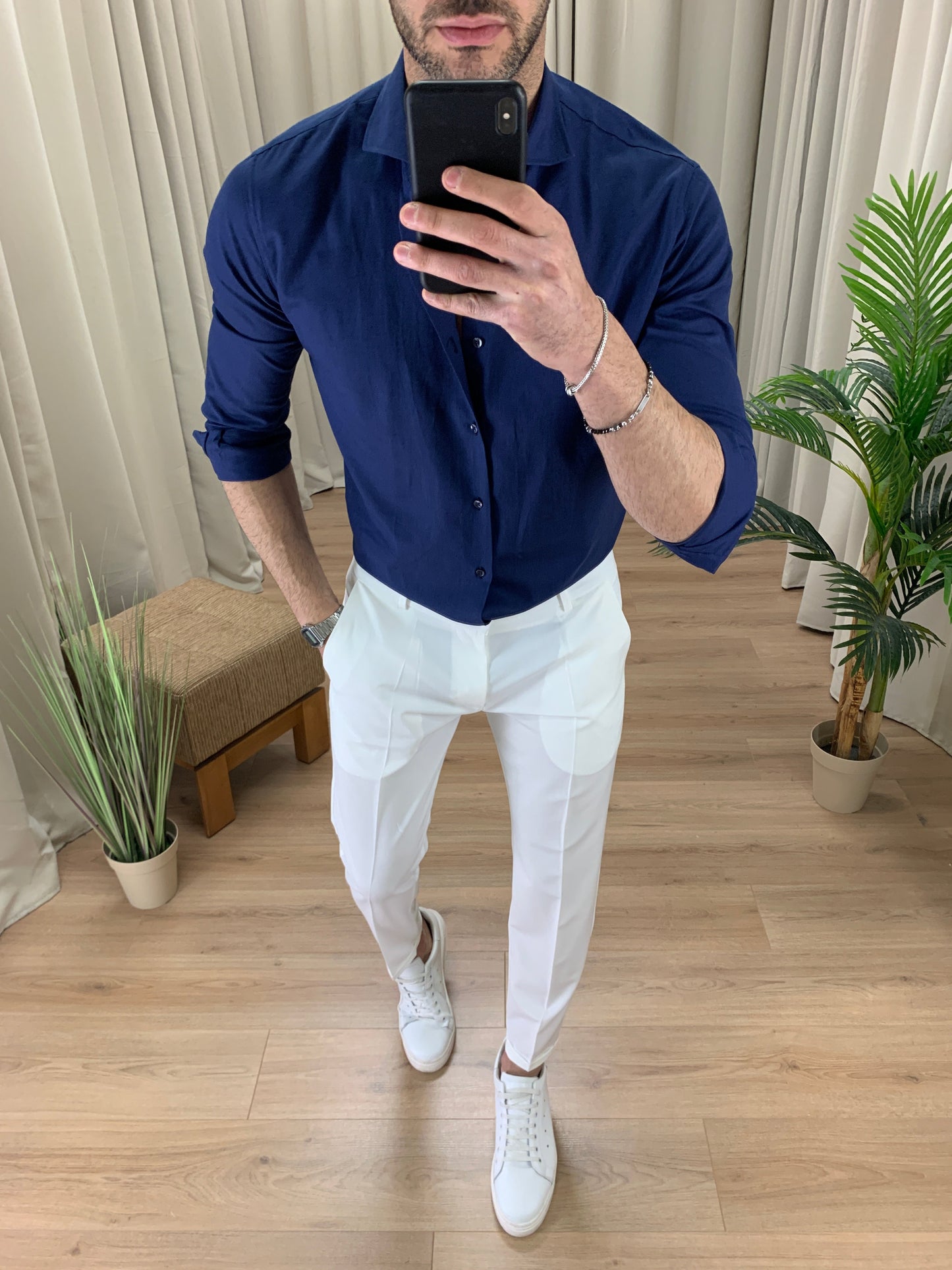 Camicia Santiago in Lino collo classico col. Blu