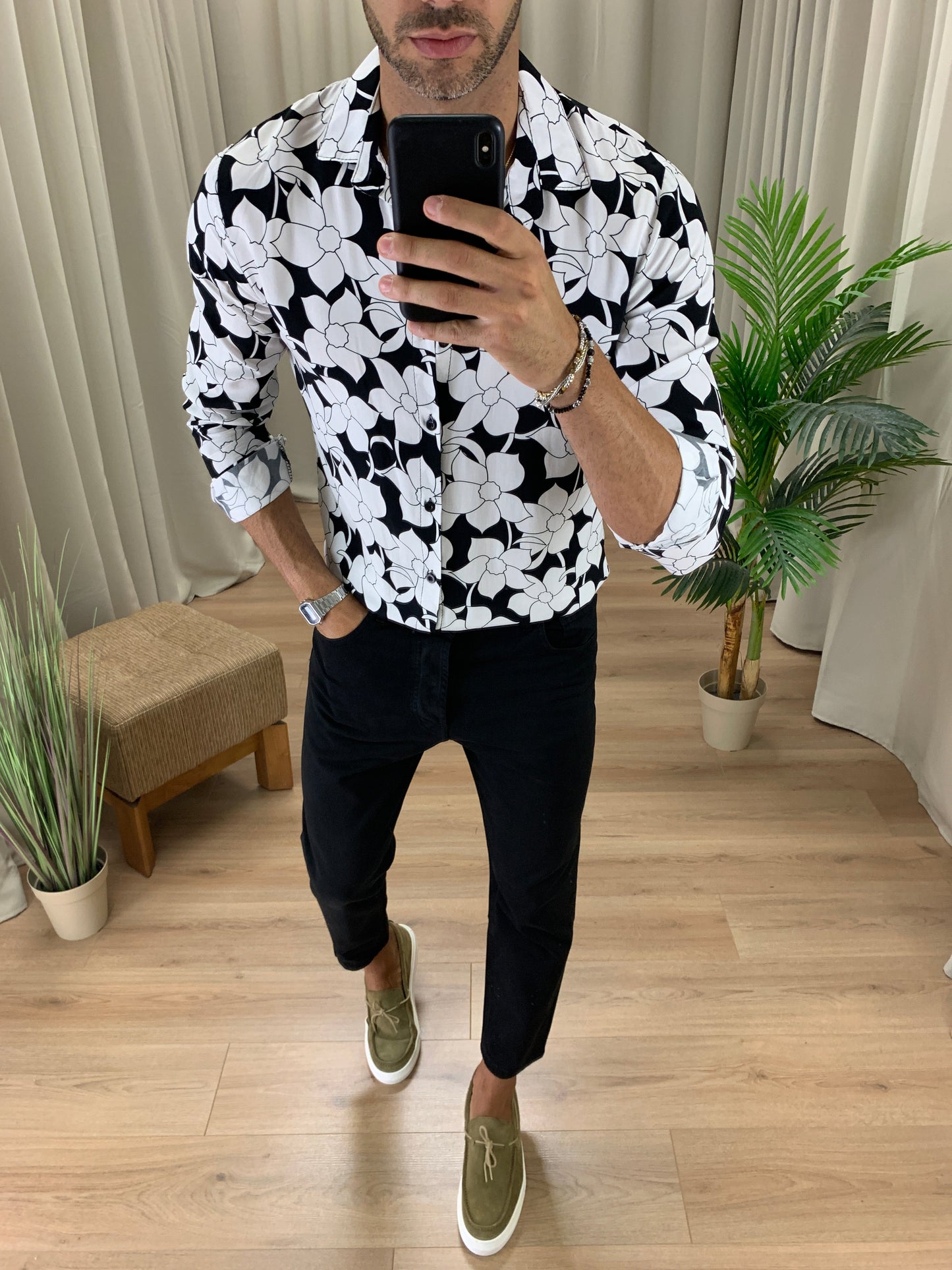 Camicia Relax Flowers con Fantasia col. Bianco