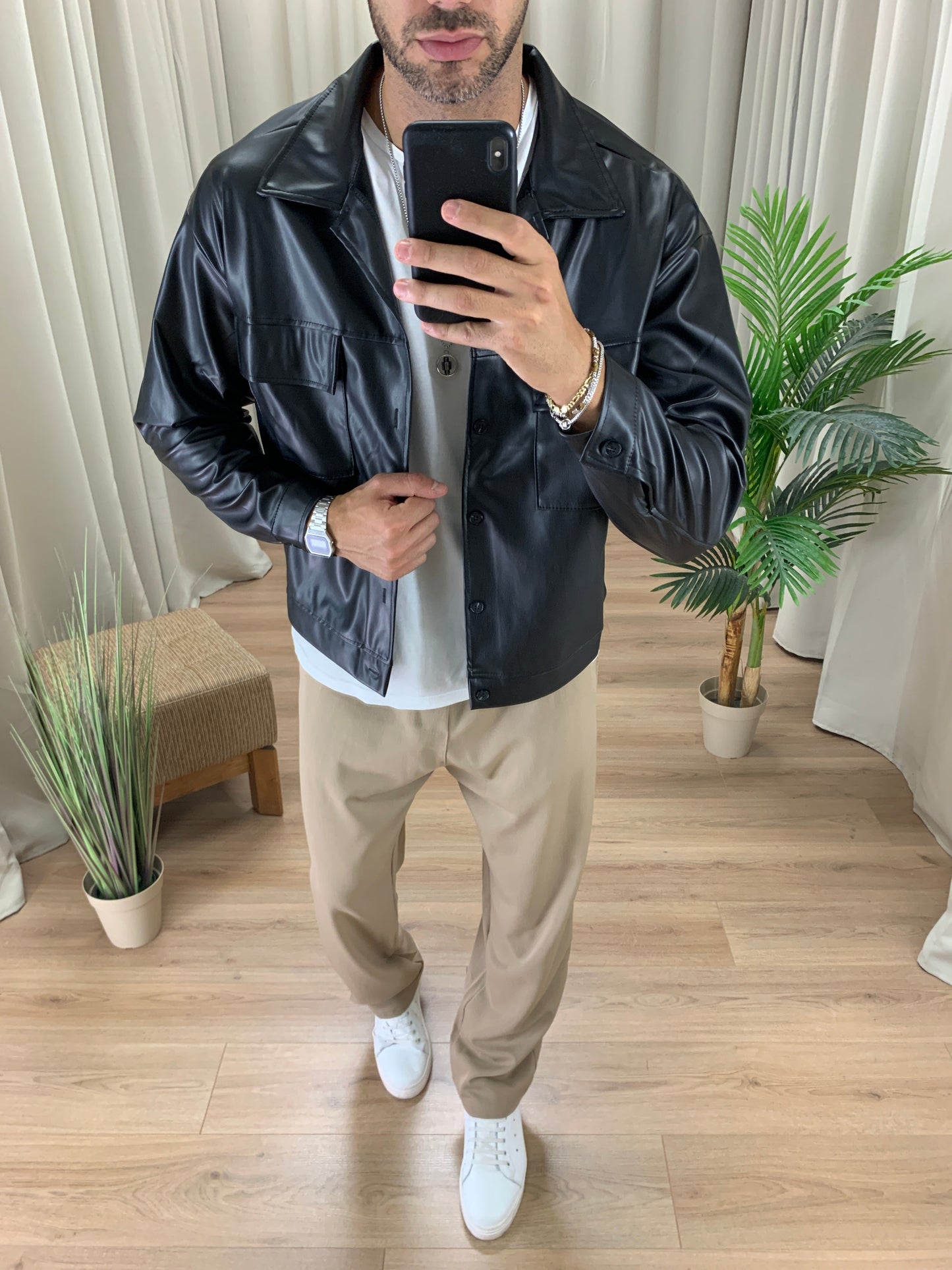 Giacca con Taschini Sfoderata effetto Pelle col. Nero