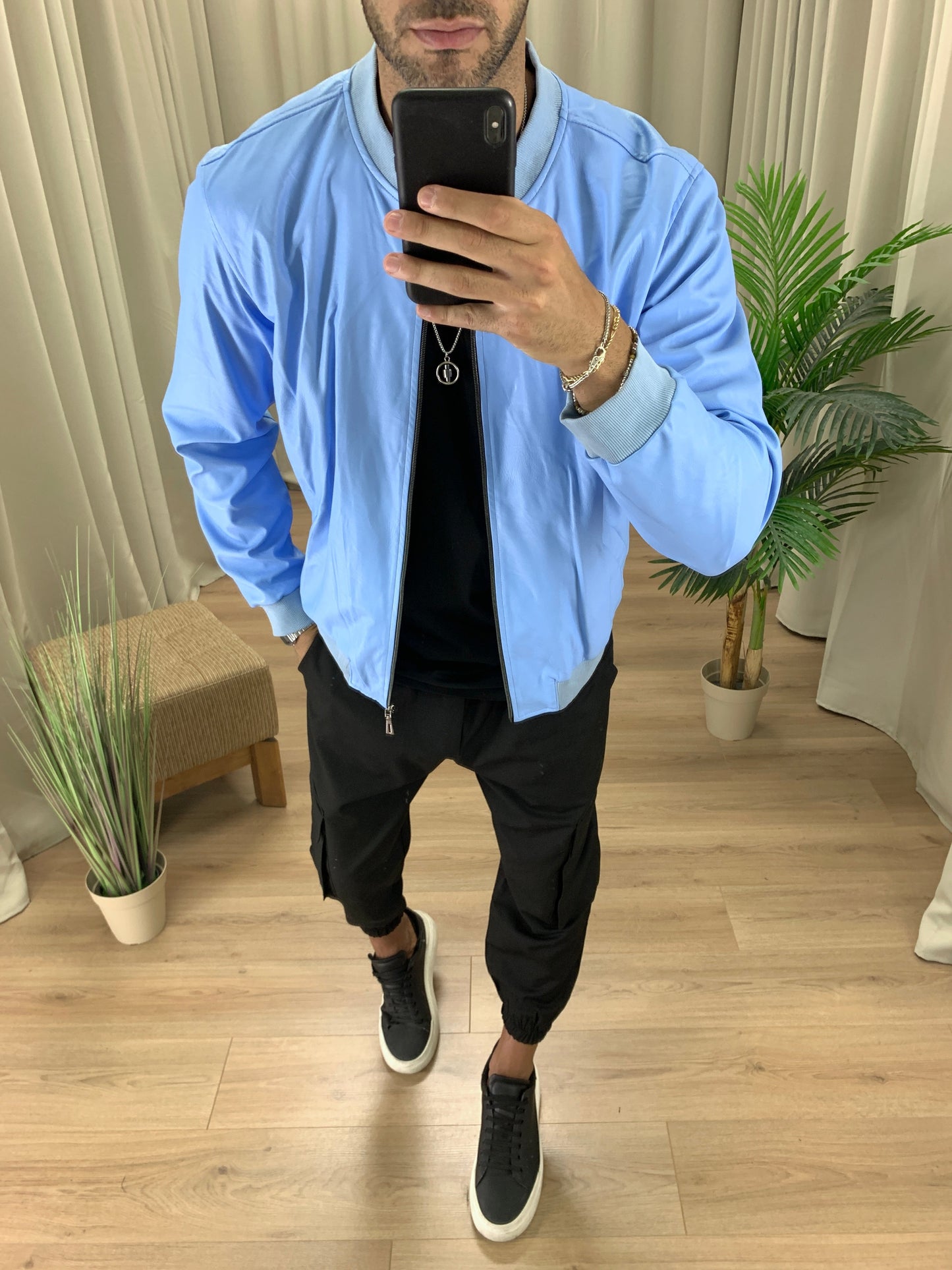 Giubbotto College effetto Pelle col. Azzurro