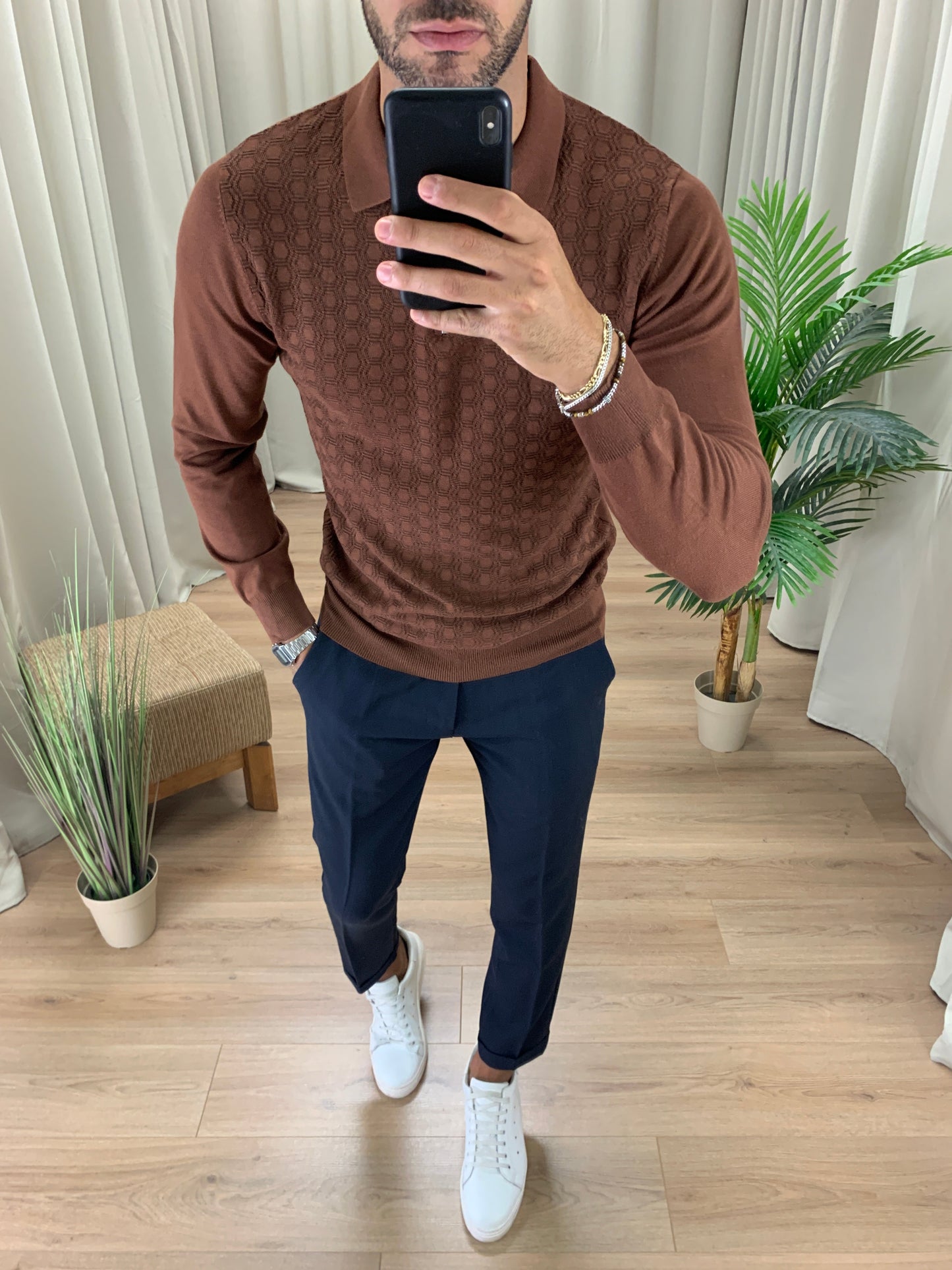 Maglia scollo Polo con Zip trama alveare col. Moro