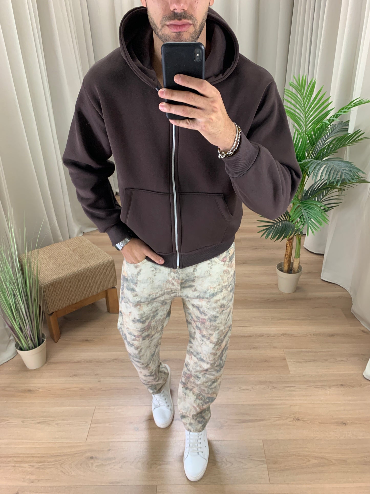 Felpa Basic con Zip e cappuccio col. Moro