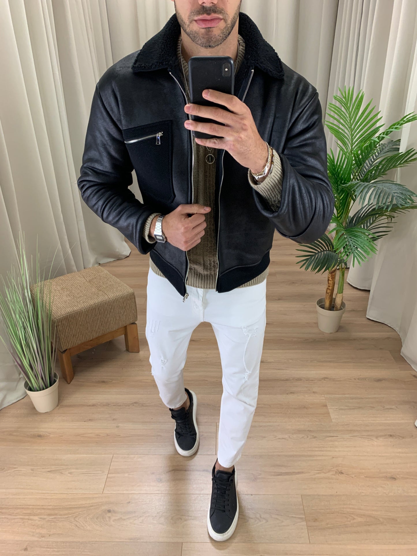 Montone con interno in Eco Pelliccia col. Nero