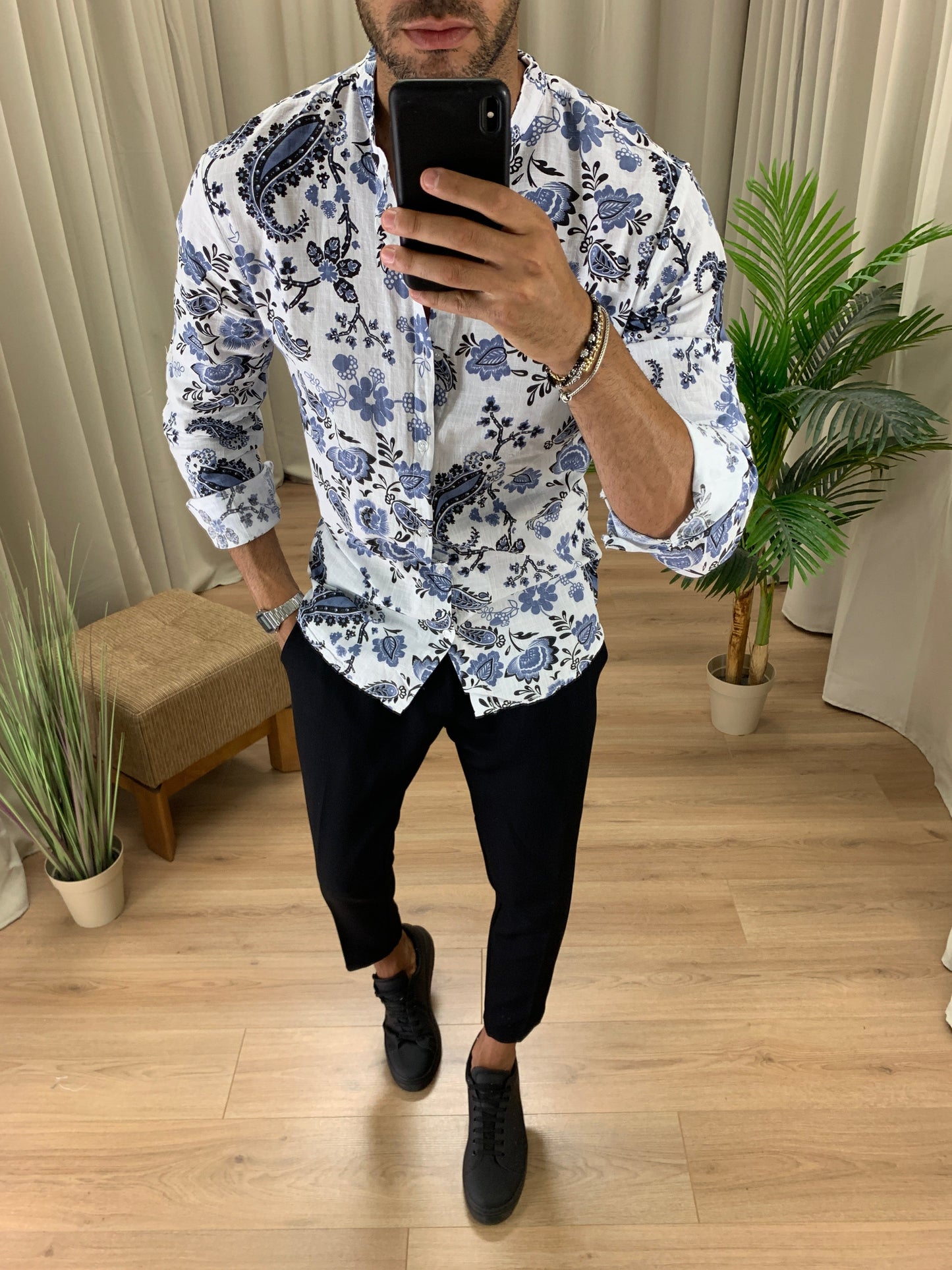 Camicia Tenk con fantasia effetto Lino col. Bianco