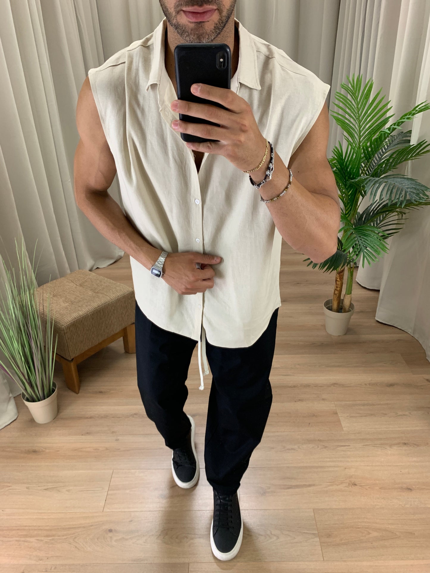 Camicia smanicata Over in Lino col. Beige