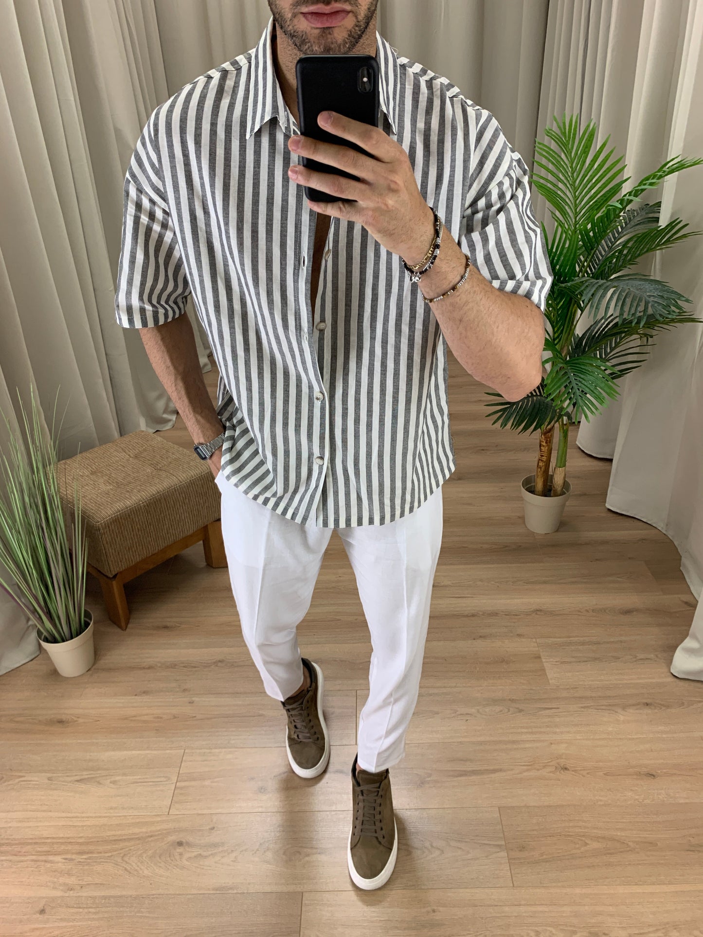 Camicia San Giorgio a Righe in misto Lino col. Nero