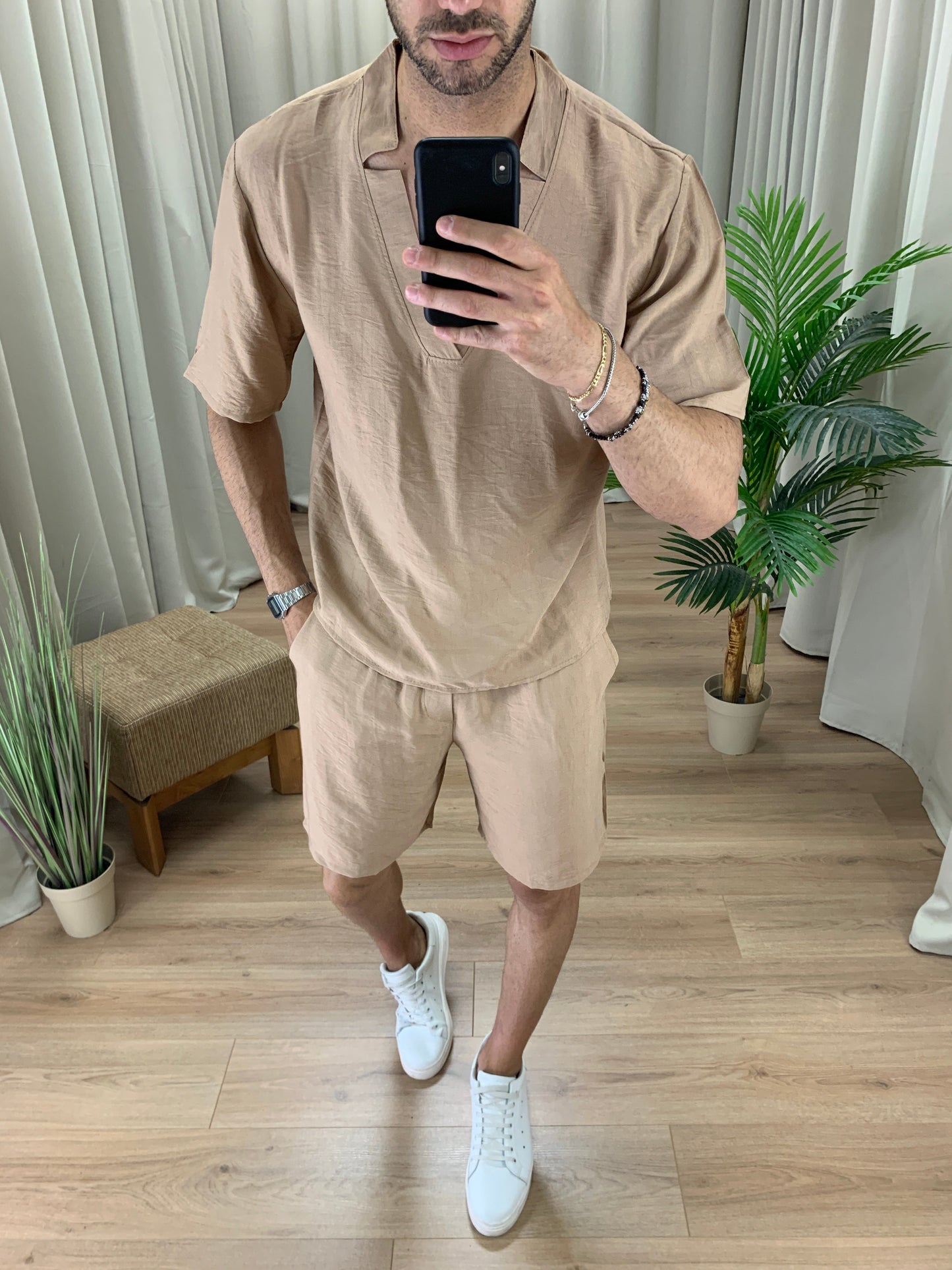 Completo Juan Bermuda + T-shirt scollo Kimono col. Cammello