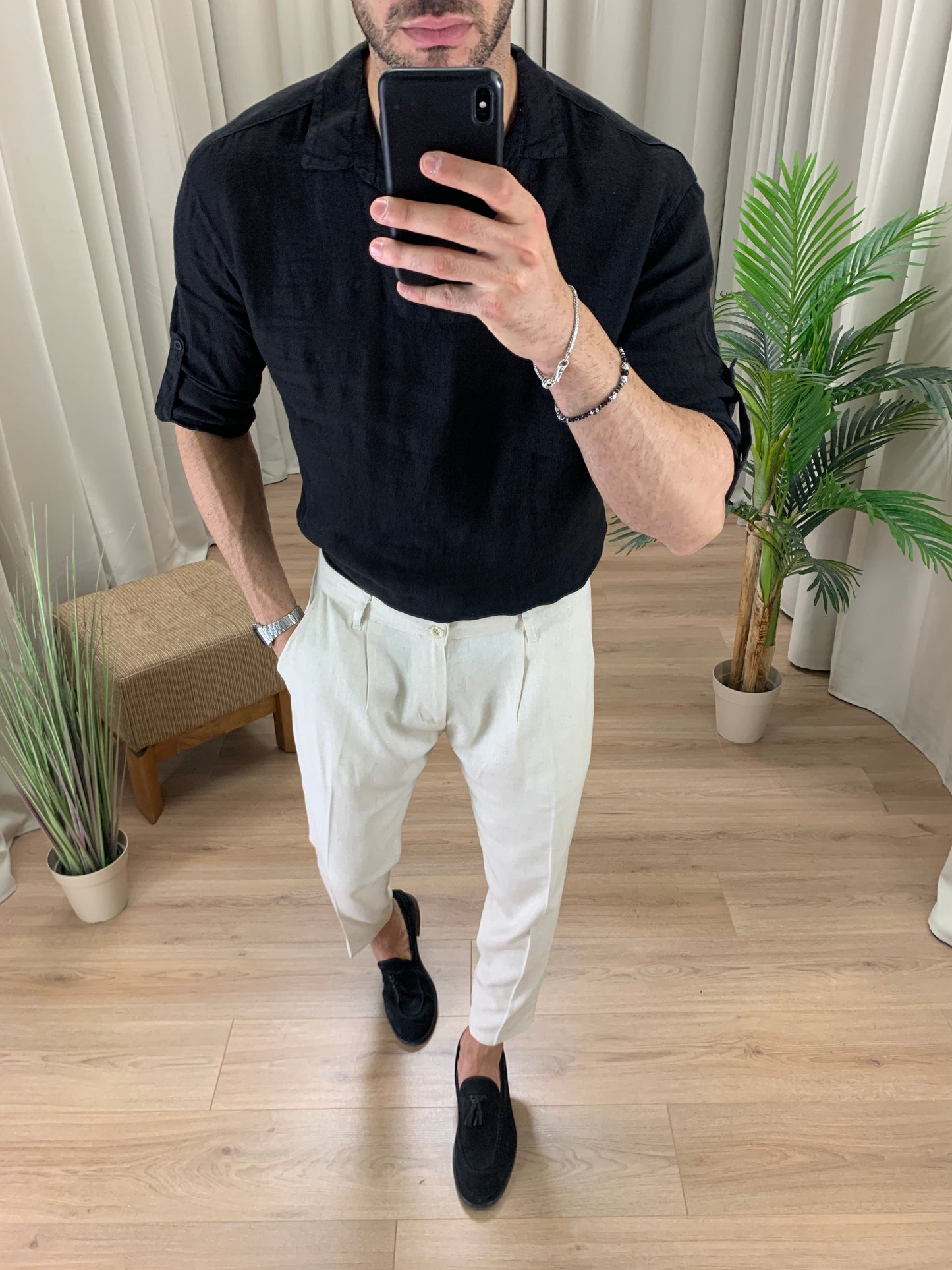 Pantalone Positano in Lino con Pinces col. Avorio