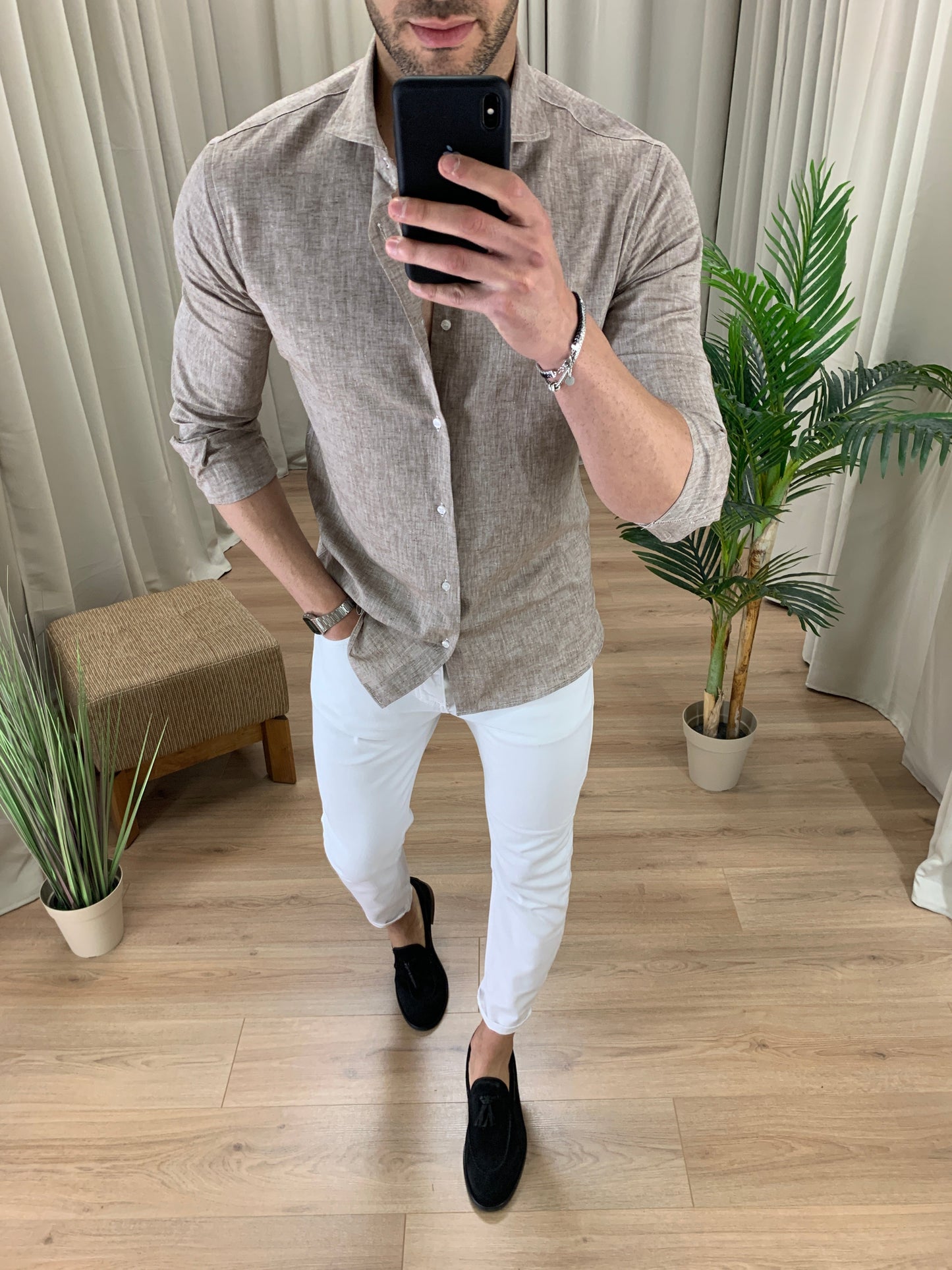 Camicia Santiago in Lino collo classico col. Tortora