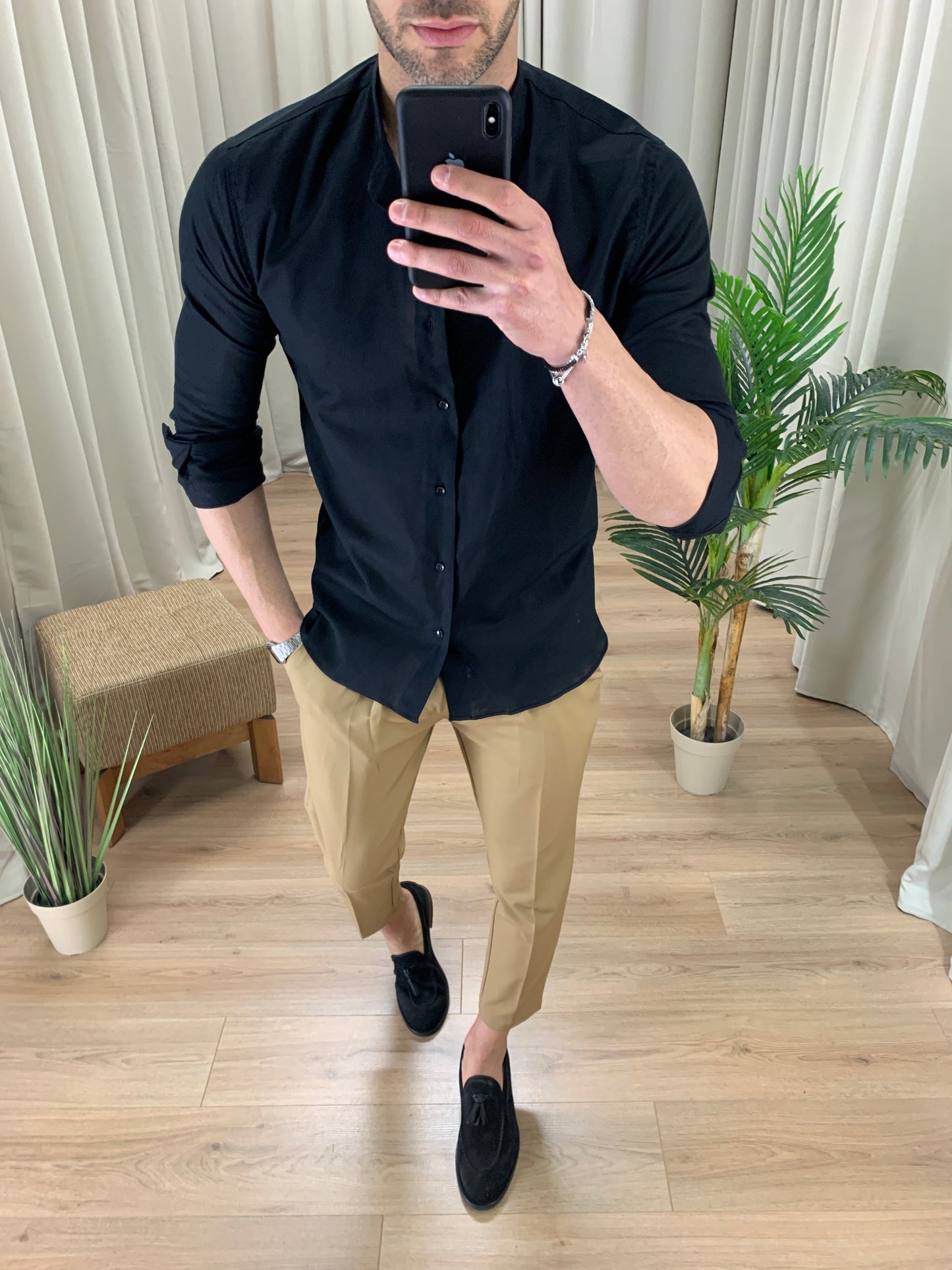 Camicia Taormina in Lino collo alla coreana col. Nero