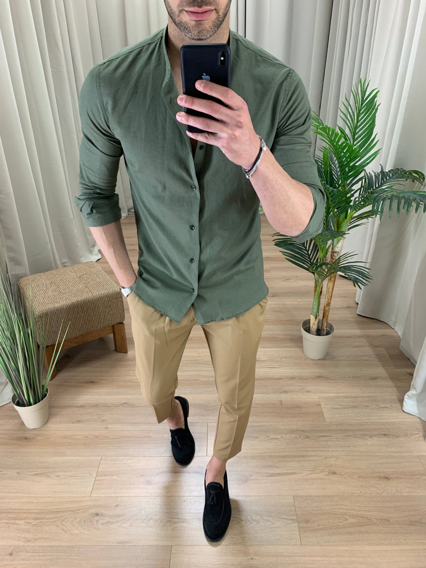 Camicia Taormina in Lino collo alla coreana col. Verde Militare