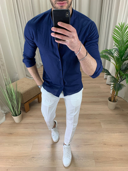 Camicia Taormina in Lino collo alla coreana col. Blu