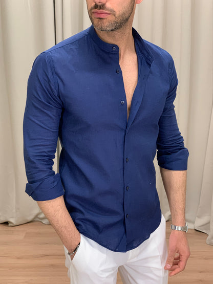 Camicia Taormina in Lino collo alla coreana col. Blu