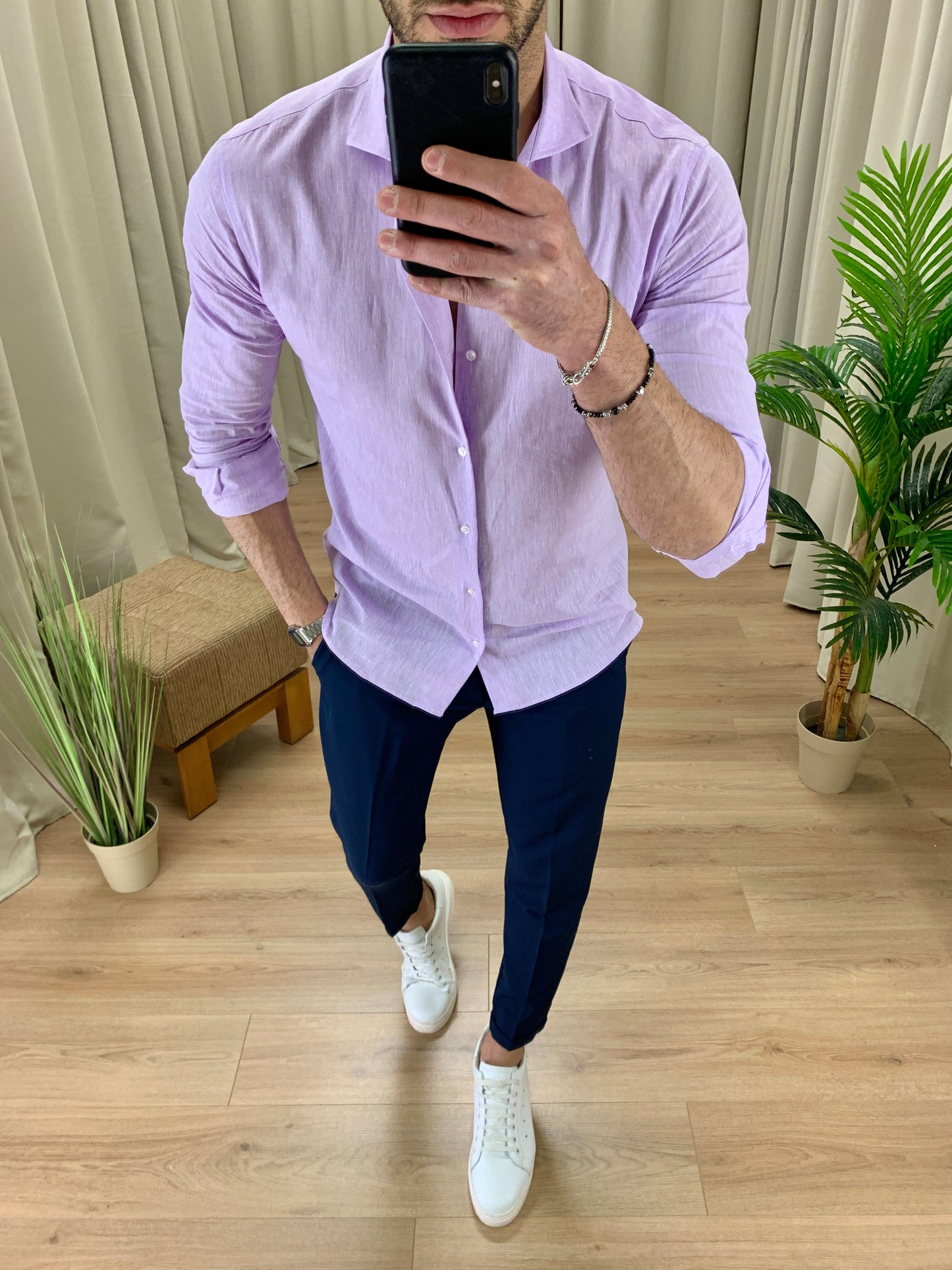 Camicia Santiago in Lino collo classico col. Lilla