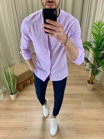 Camicia Taormina in Lino collo alla coreana col. Lilla