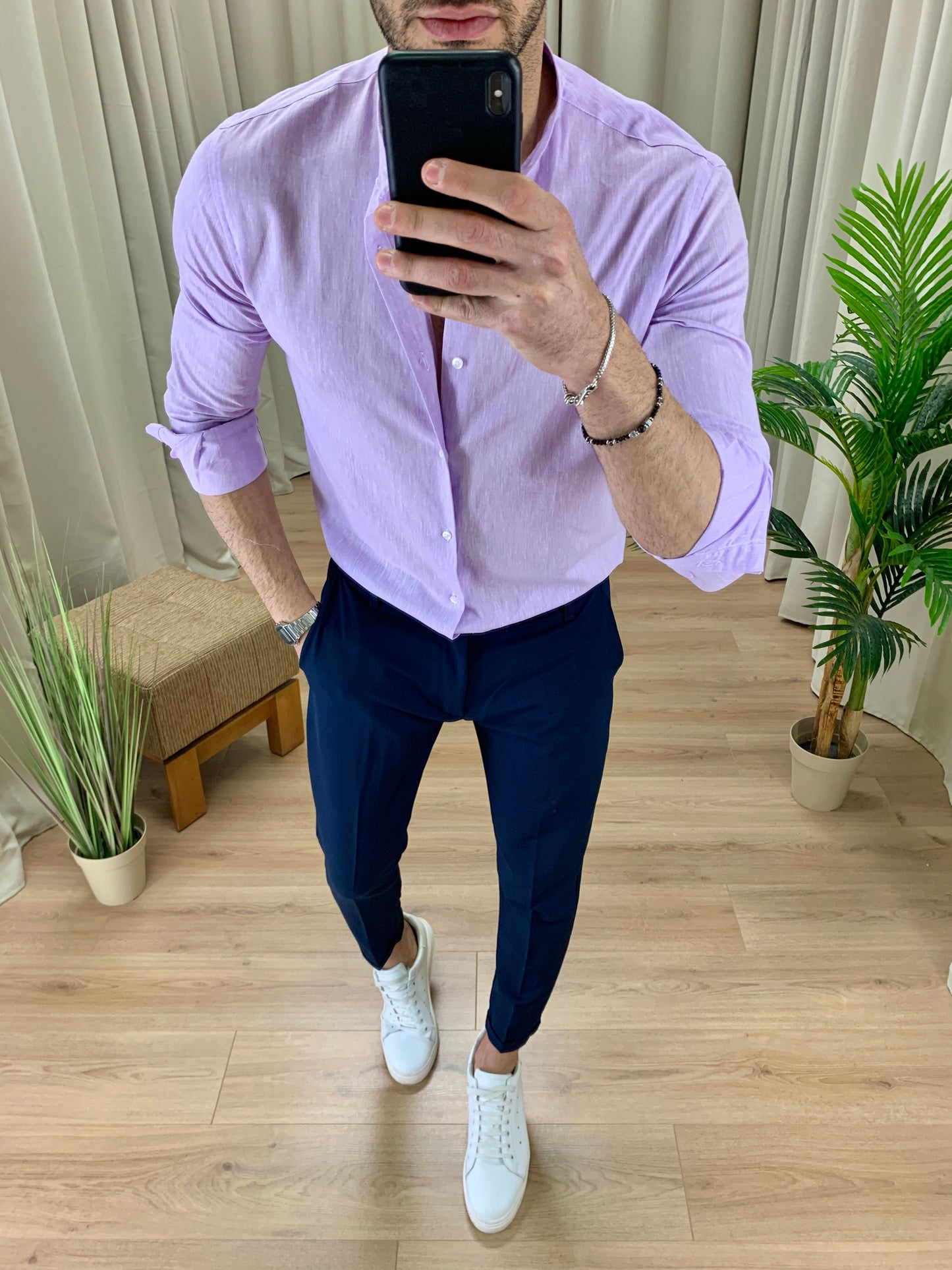 Camicia Taormina in Lino collo alla coreana col. Lilla