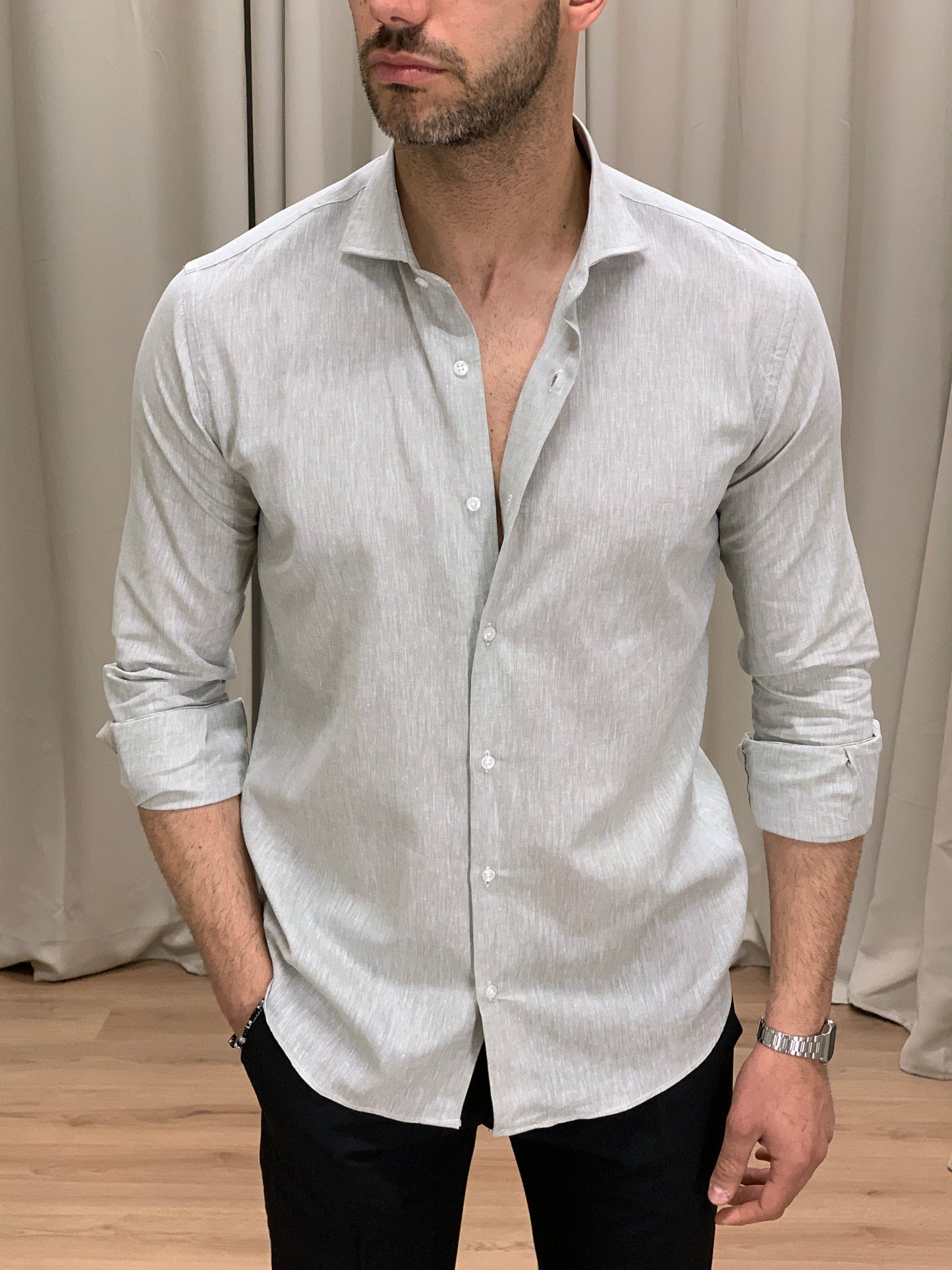 Camicia Santiago in Lino collo classico col. Salvia
