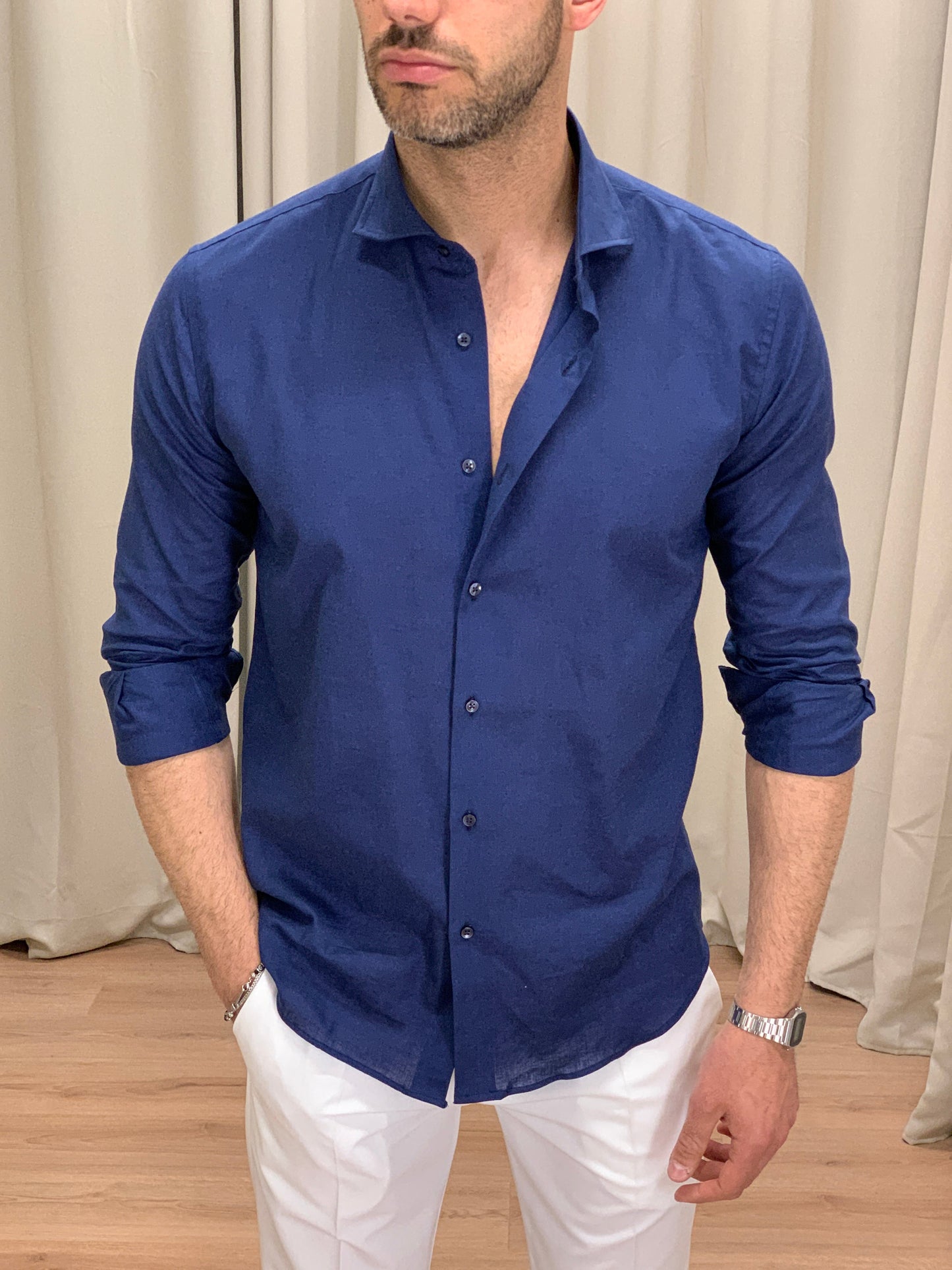 Camicia Santiago in Lino collo classico col. Blu