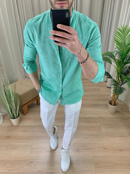 Camicia Taormina in Lino collo alla coreana col. Verde