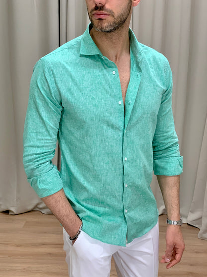 Camicia Santiago in Lino collo classico col. Verde