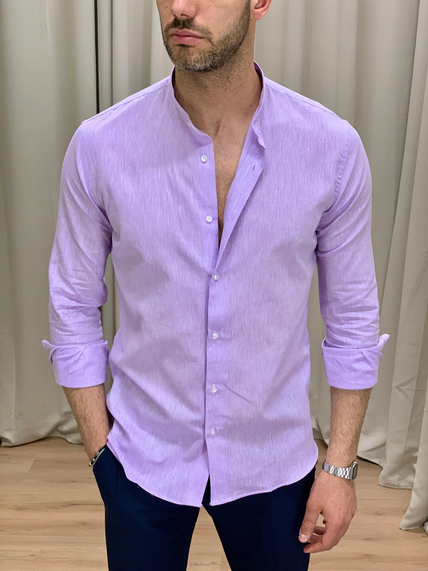 Camicia Taormina in Lino collo alla coreana col. Lilla