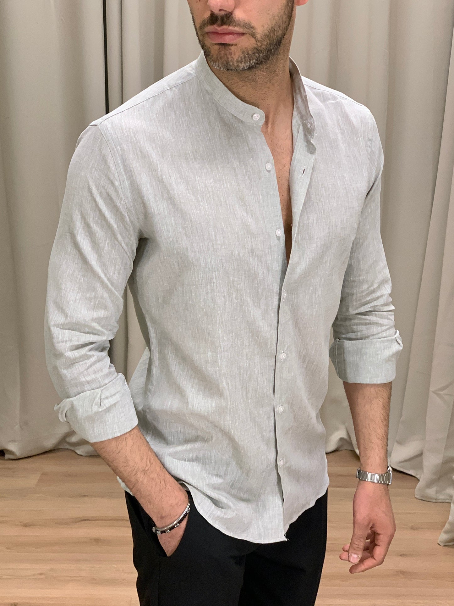 Camicia Taormina in Lino collo alla coreana col. Salvia