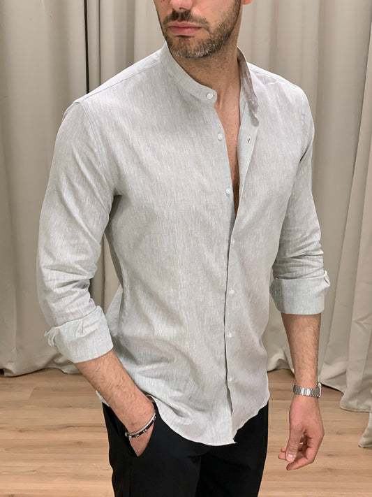 Camicia Taormina in Lino collo alla coreana col. Salvia