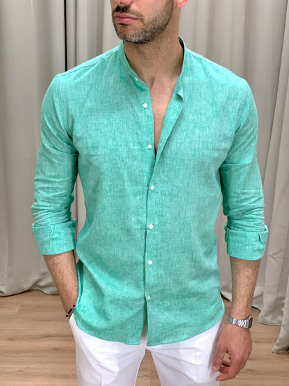 Camicia Taormina in Lino collo alla coreana col. Verde