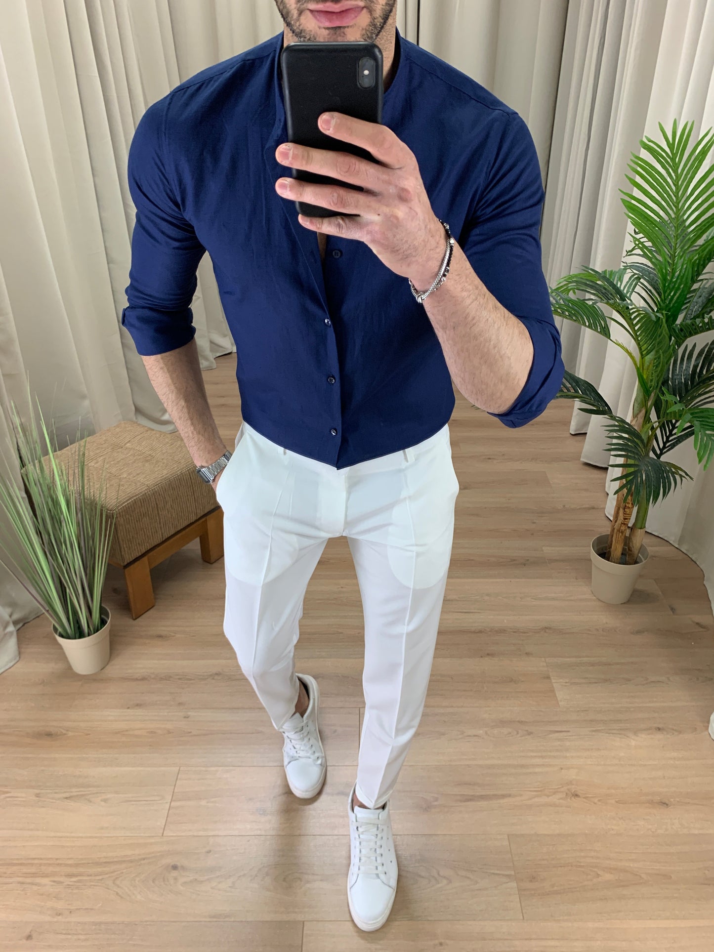 Camicia Taormina in Lino collo alla coreana col. Blu