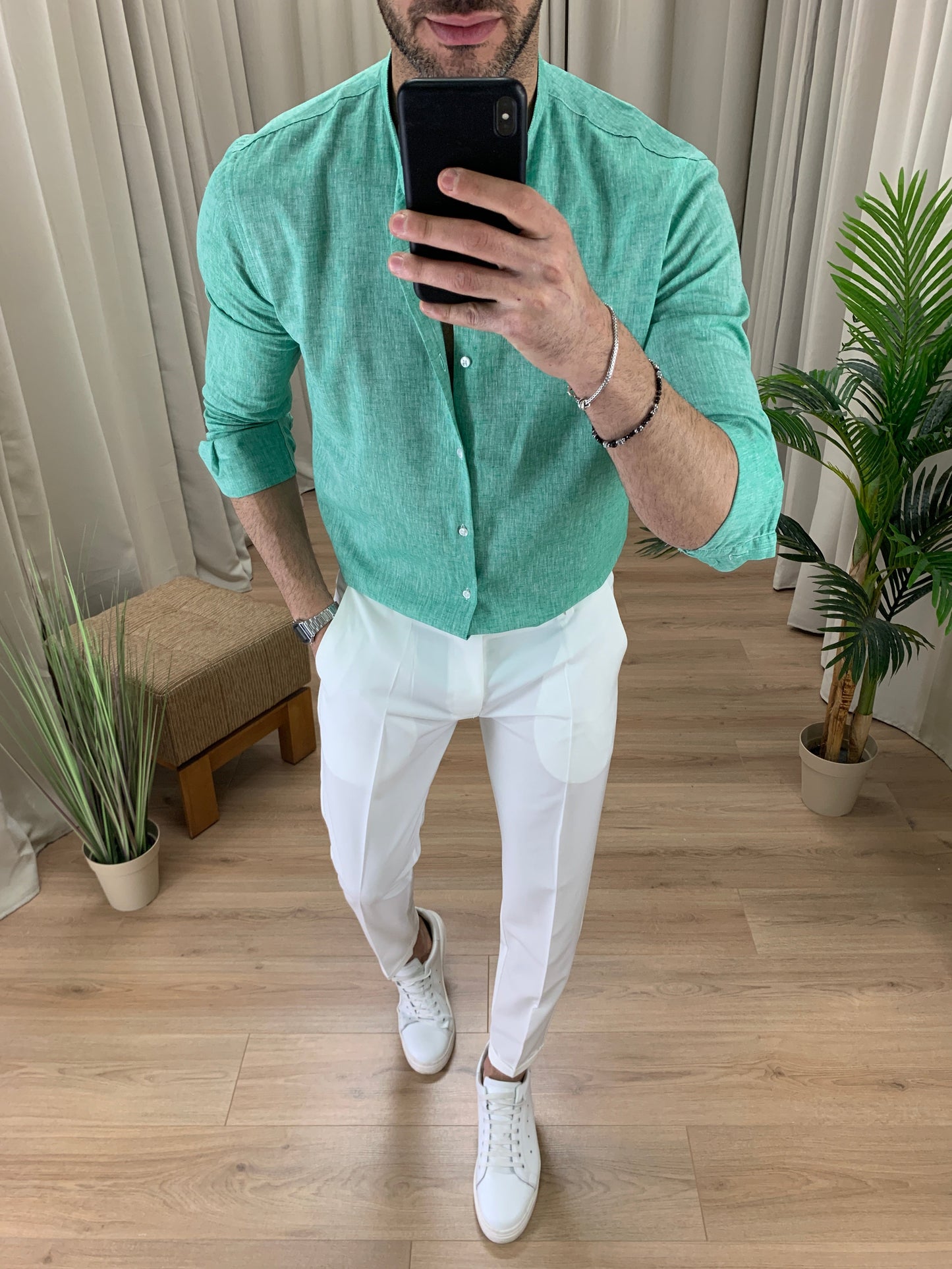 Camicia Taormina in Lino collo alla coreana col. Verde