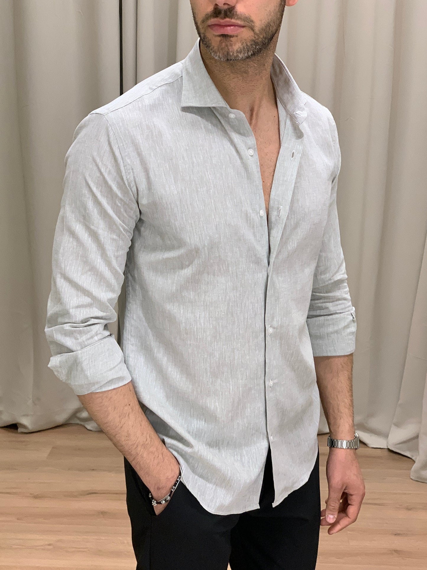 Camicia Santiago in Lino collo classico col. Salvia