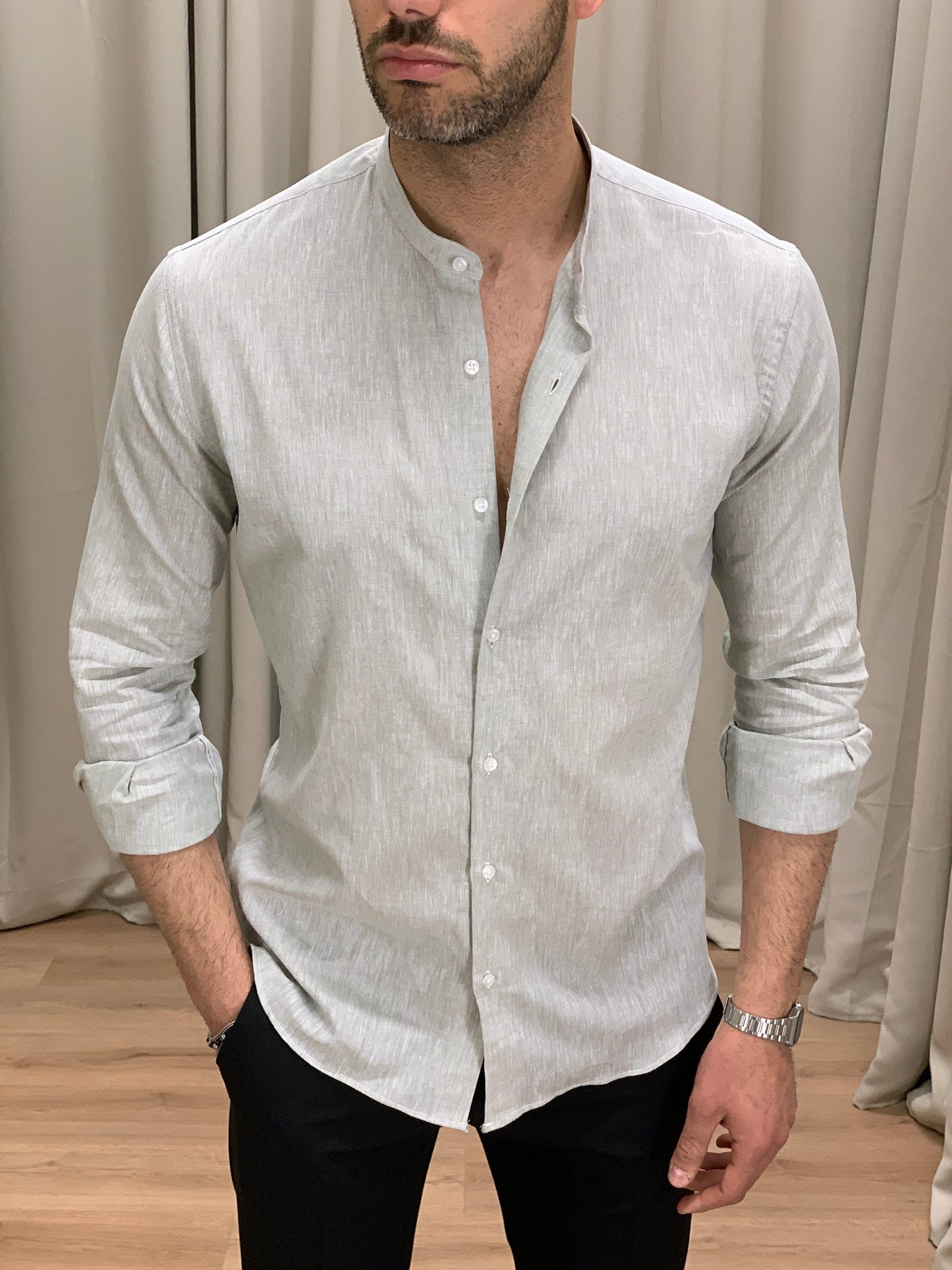 Camicia Taormina in Lino collo alla coreana col. Salvia