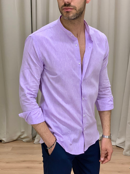Camicia Taormina in Lino collo alla coreana col. Lilla