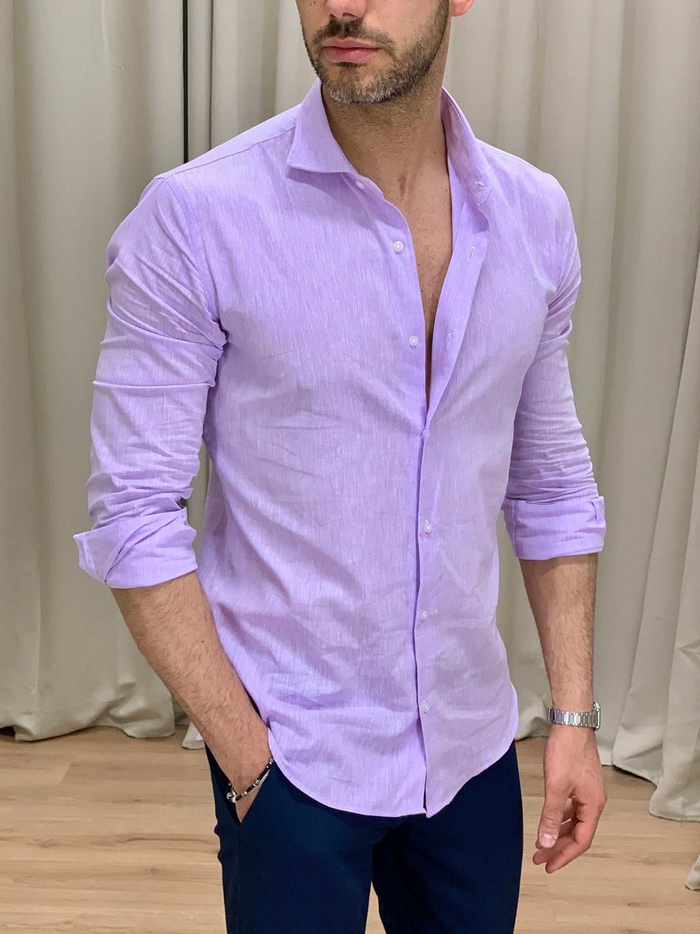 Camicia Santiago in Lino collo classico col. Lilla