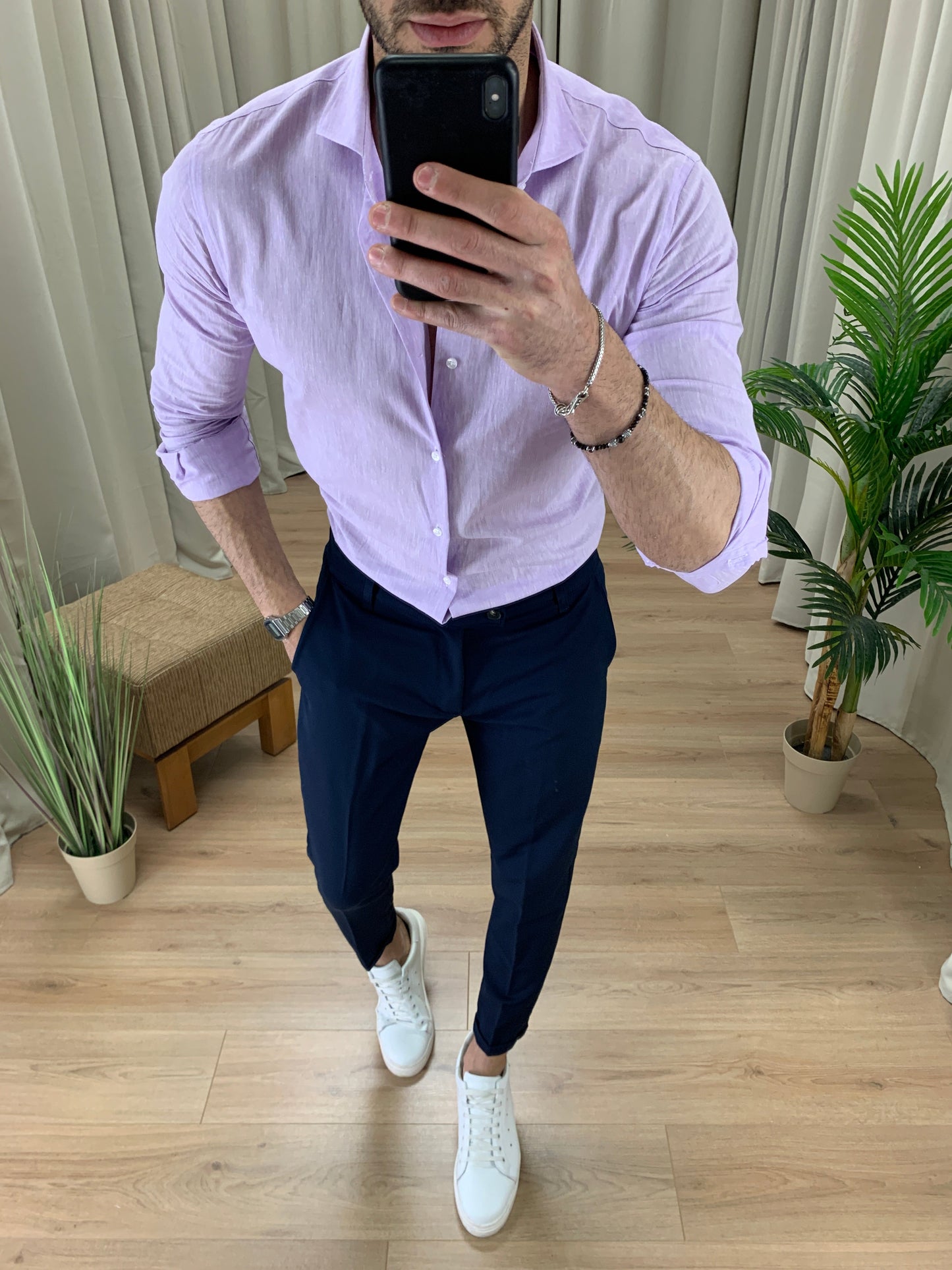 Camicia Santiago in Lino collo classico col. Lilla