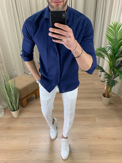 Camicia Santiago in Lino collo classico col. Blu