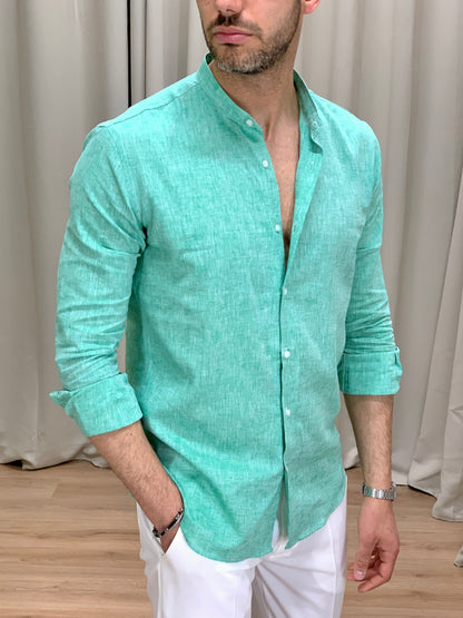 Camicia Taormina in Lino collo alla coreana col. Verde