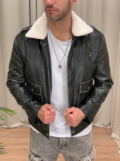 Montone Everest con Zip con collo a contrasto col. Nero