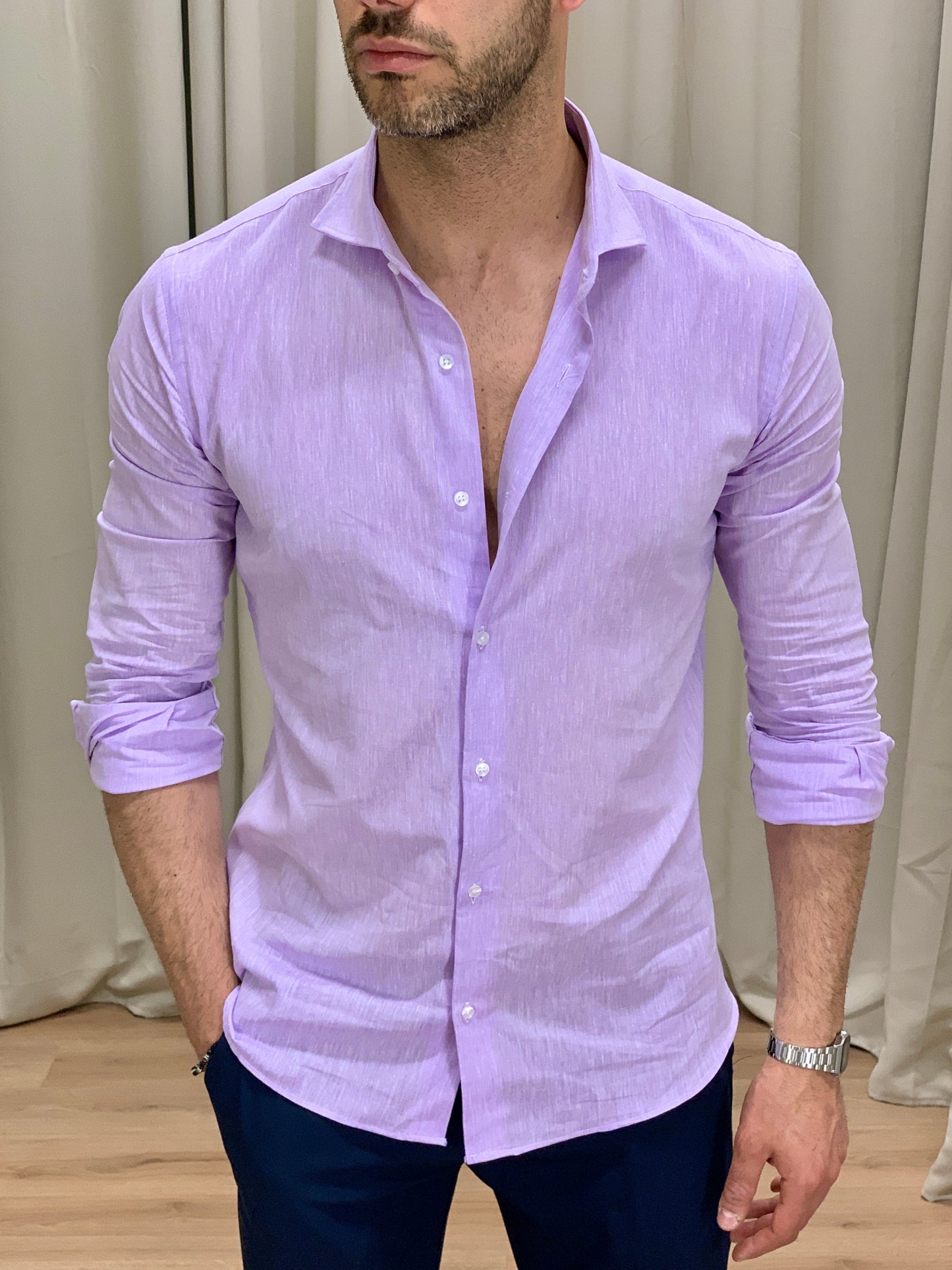 Camicia Santiago in Lino collo classico col. Lilla