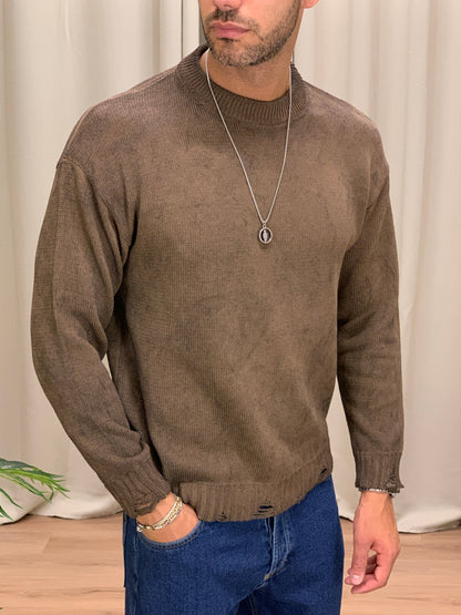 Maglioncino Slavato con Fondo Sfrangiato col. Marrone