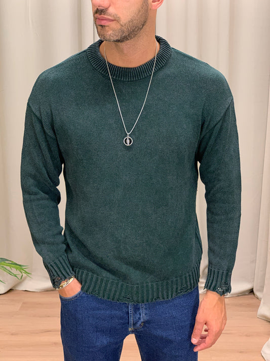 Maglioncino Slavato con Fondo Sfrangiato col. Verde Bosco