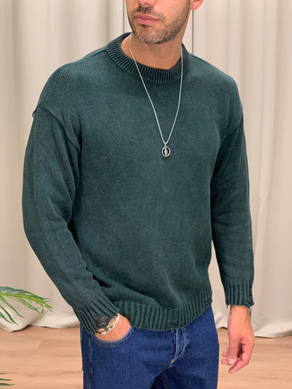 Maglioncino Slavato con Fondo Sfrangiato col. Verde Bosco