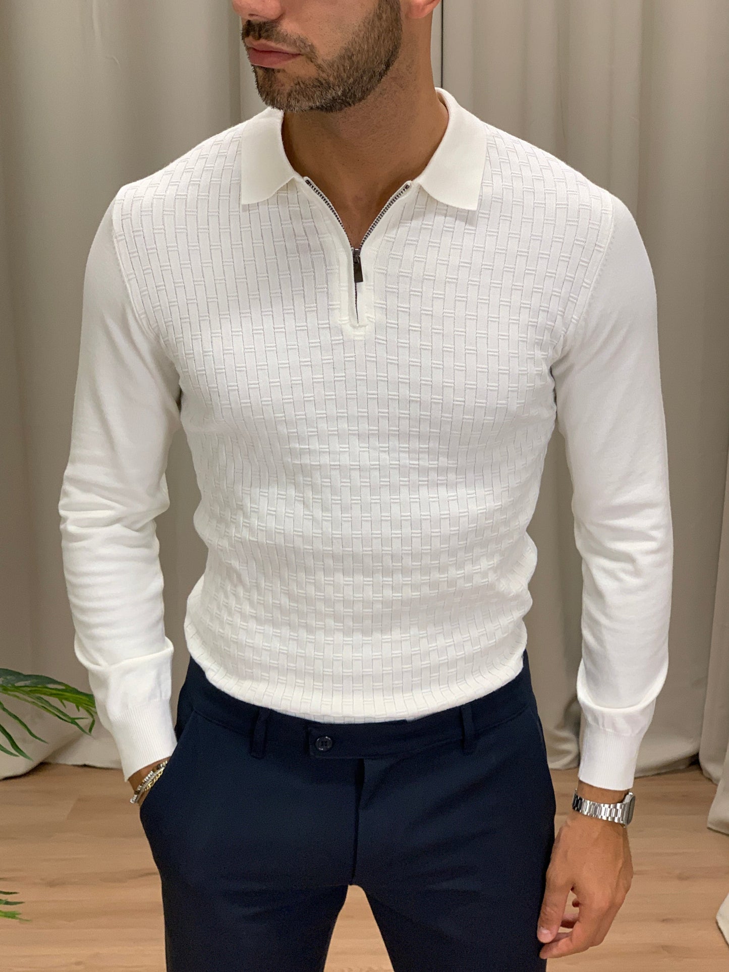 Maglia scollo Polo con Zip trama a listelli col. Panna