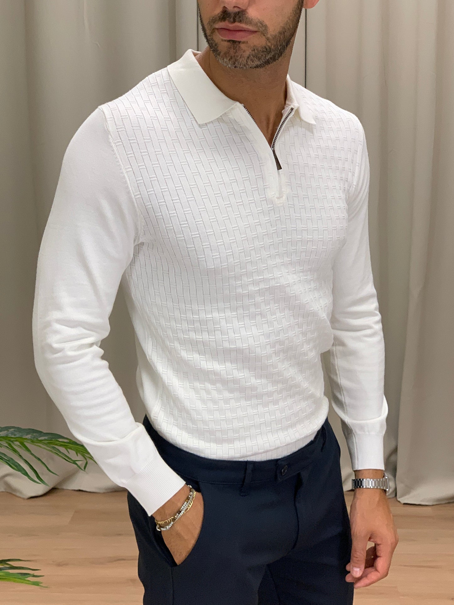 Maglia scollo Polo con Zip trama a listelli col. Panna