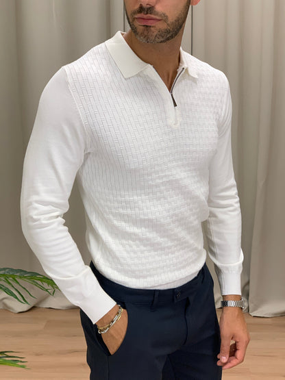 Maglia scollo Polo con Zip trama a listelli col. Panna
