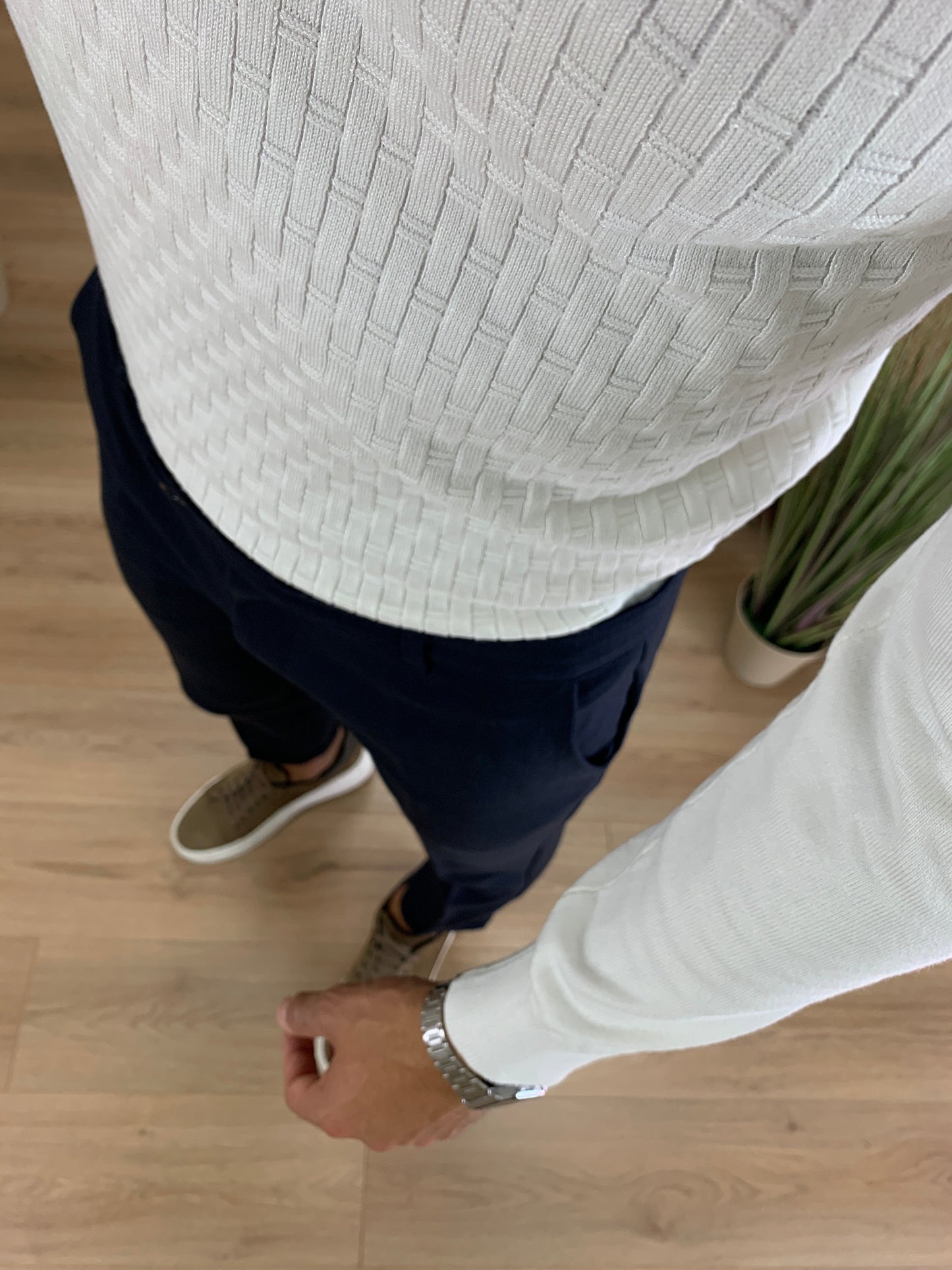 Maglia scollo Polo con Zip trama a listelli col. Panna