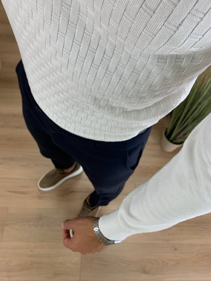 Maglia scollo Polo con Zip trama a listelli col. Panna