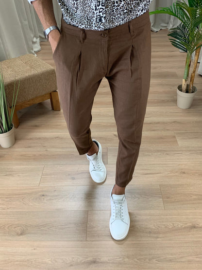 Pantalone Positano in Lino con Pinces col. Tabacco
