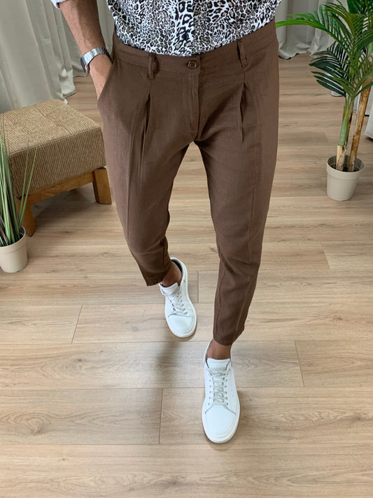 Pantalone Positano in Lino con Pinces col. Tabacco